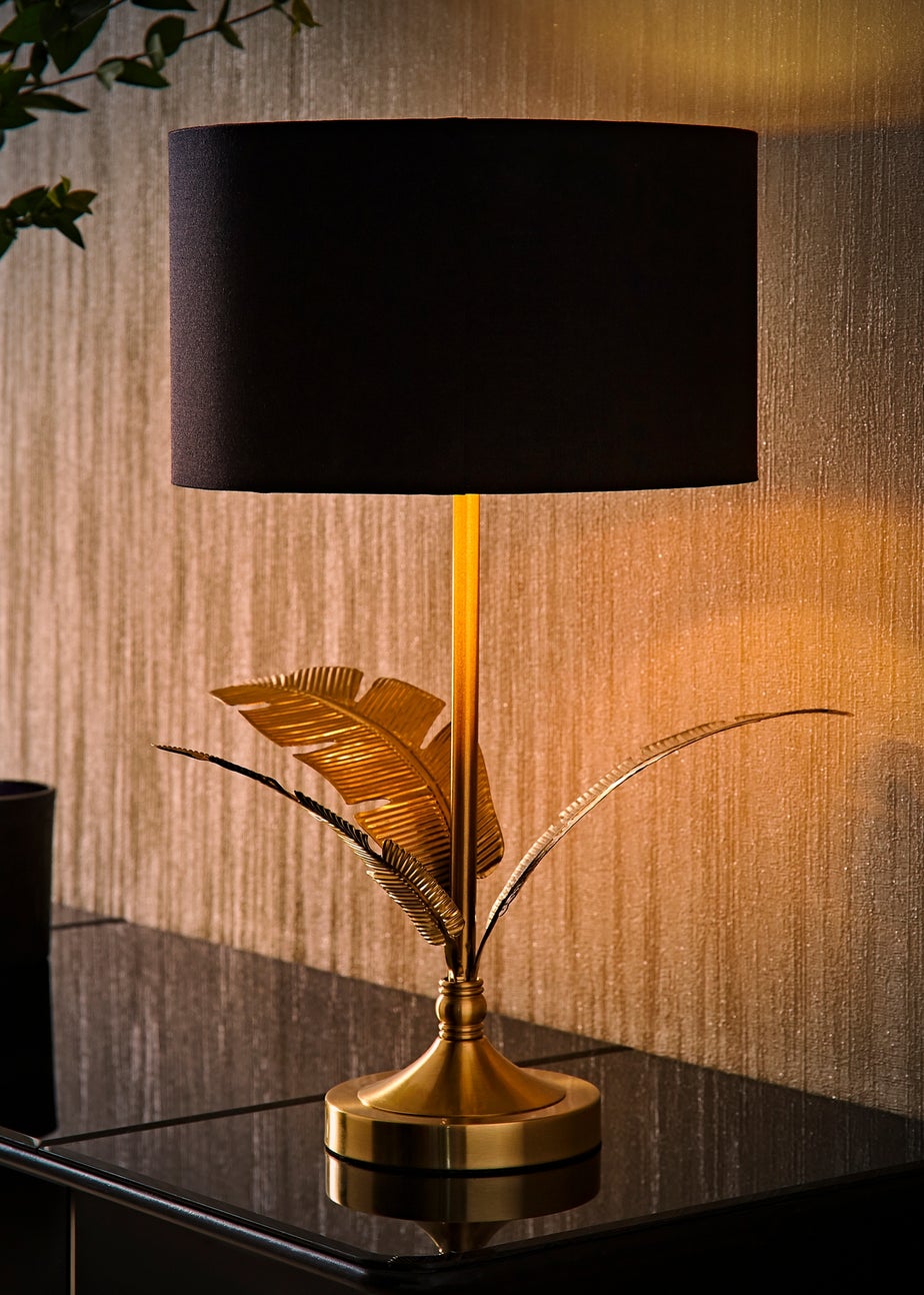 ValueLights Christina Black with Metallic Gold Drum Shade Gold Palm Leaf Table Lamp