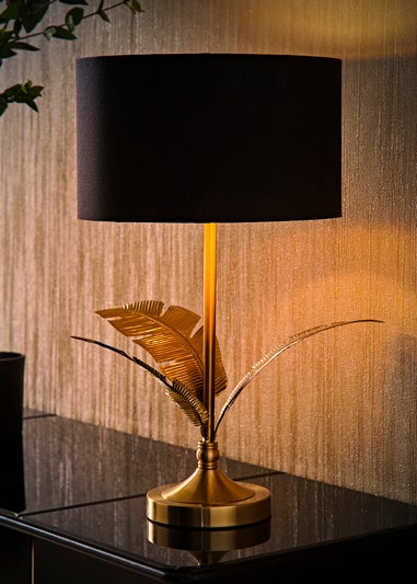 ValueLights Christina Black with Metallic Gold Drum Shade Gold Palm Leaf Table Lamp