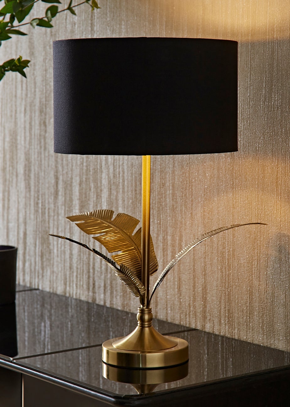 ValueLights Christina Black with Metallic Gold Drum Shade Gold Palm Leaf Table Lamp