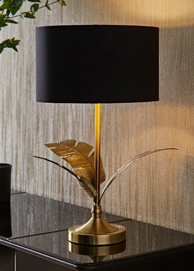 ValueLights Christina Black with Metallic Gold Drum Shade Gold Palm Leaf Table Lamp