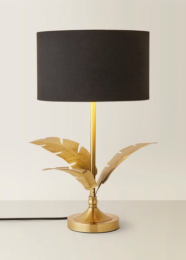 ValueLights Christina Black with Metallic Gold Drum Shade Gold Palm Leaf Table Lamp