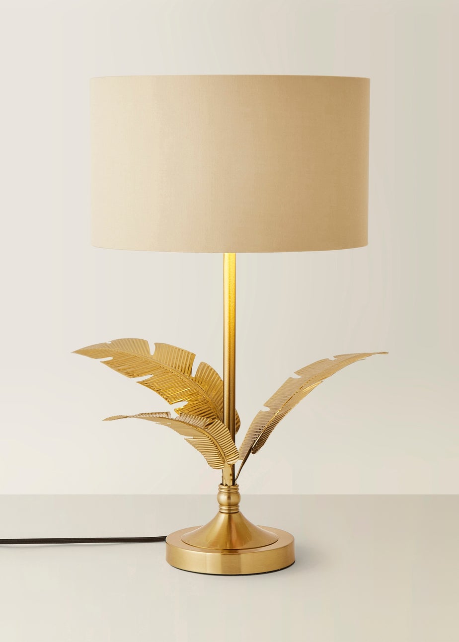 ValueLights Christina Natural with Metallic Gold Drum Shade Gold Palm Leaf Table Lamp