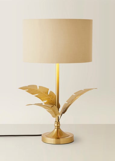 ValueLights Christina Natural with Metallic Gold Drum Shade Gold Palm Leaf Table Lamp