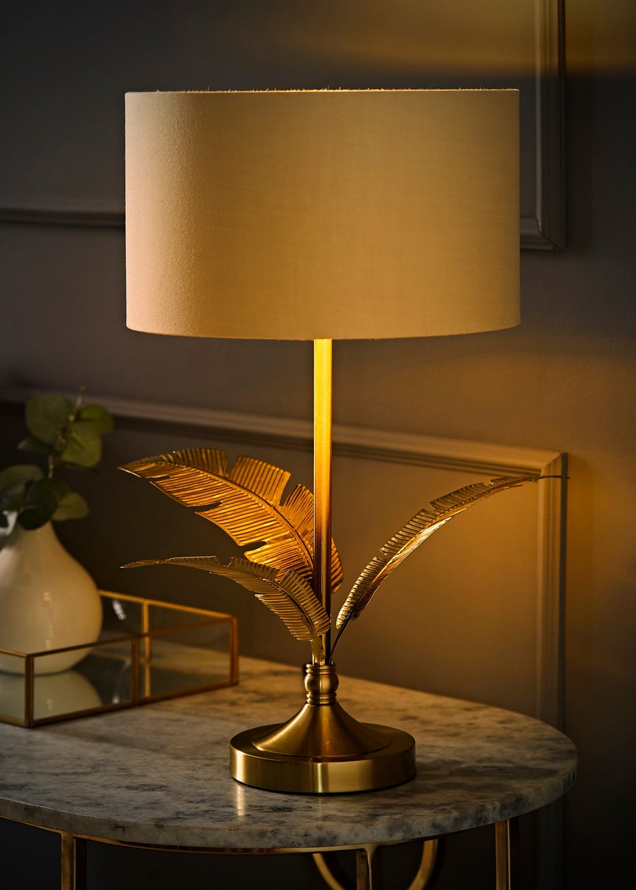 ValueLights Christina Natural with Metallic Gold Drum Shade Gold Palm Leaf Table Lamp