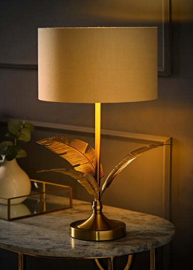 ValueLights Christina Natural with Metallic Gold Drum Shade Gold Palm Leaf Table Lamp