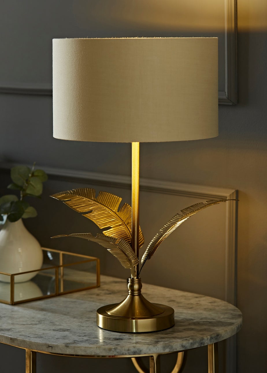 ValueLights Christina Natural with Metallic Gold Drum Shade Gold Palm Leaf Table Lamp
