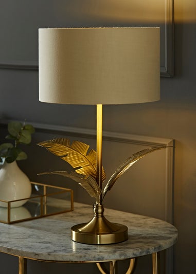 ValueLights Christina Natural with Metallic Gold Drum Shade Gold Palm Leaf Table Lamp