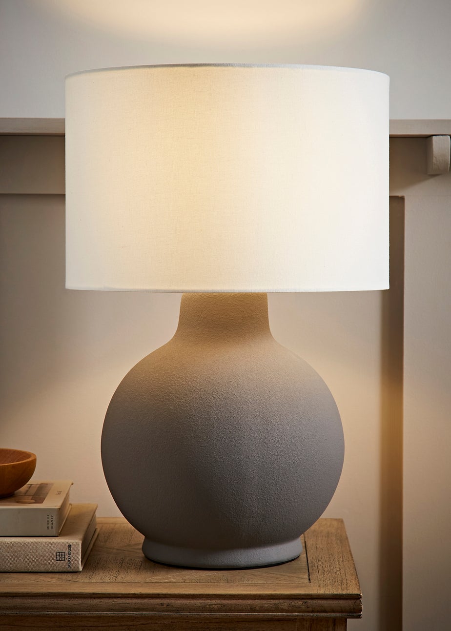 ValueLights Blair Natural Linen Drum Shade Hand Finished Grey Ceramic Stoneware Table Lamp