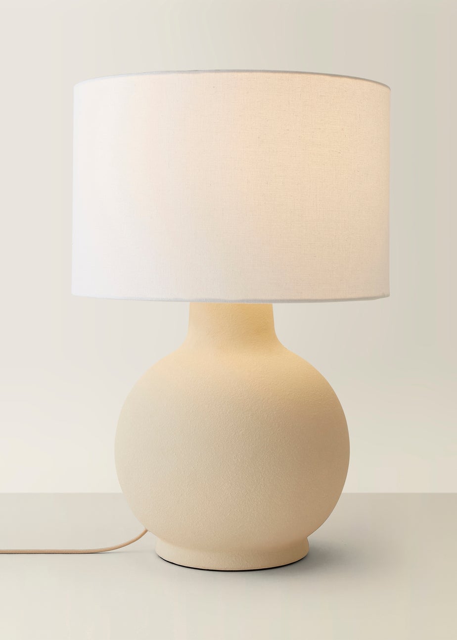 ValueLights Blair Natural Linen Drum Shade Hand Finished Beige Ceramic Stoneware Table Lamp