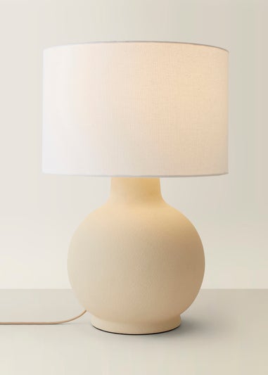 ValueLights Blair Natural Linen Drum Shade Hand Finished Beige Ceramic Stoneware Table Lamp