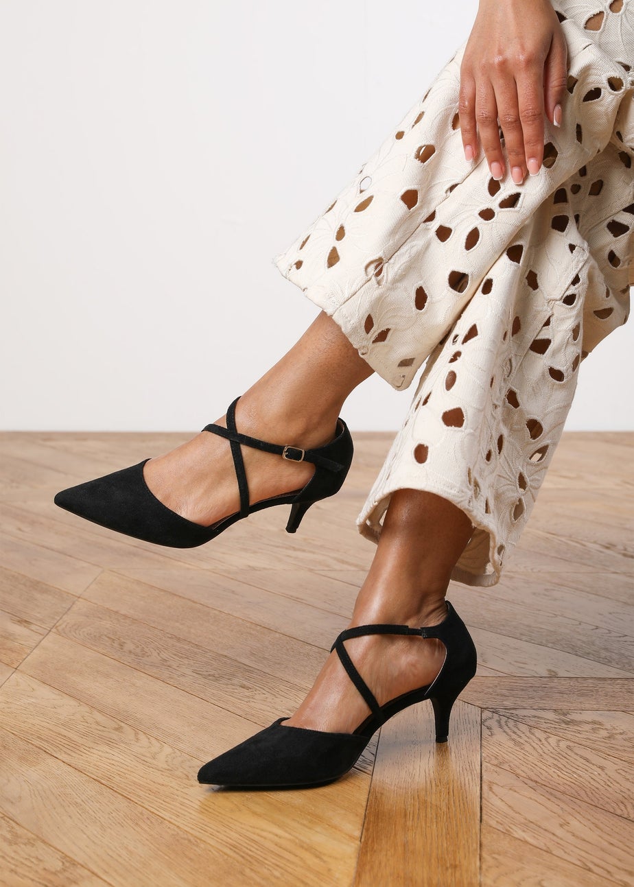 Where's That From Black Suede Seany Low Kitten Heel
