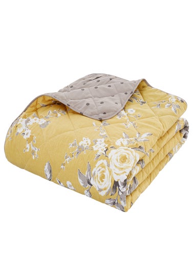 Catherine Lansfield Ochre Yellow Canterbury Floral Reversible Quilted Bedspread