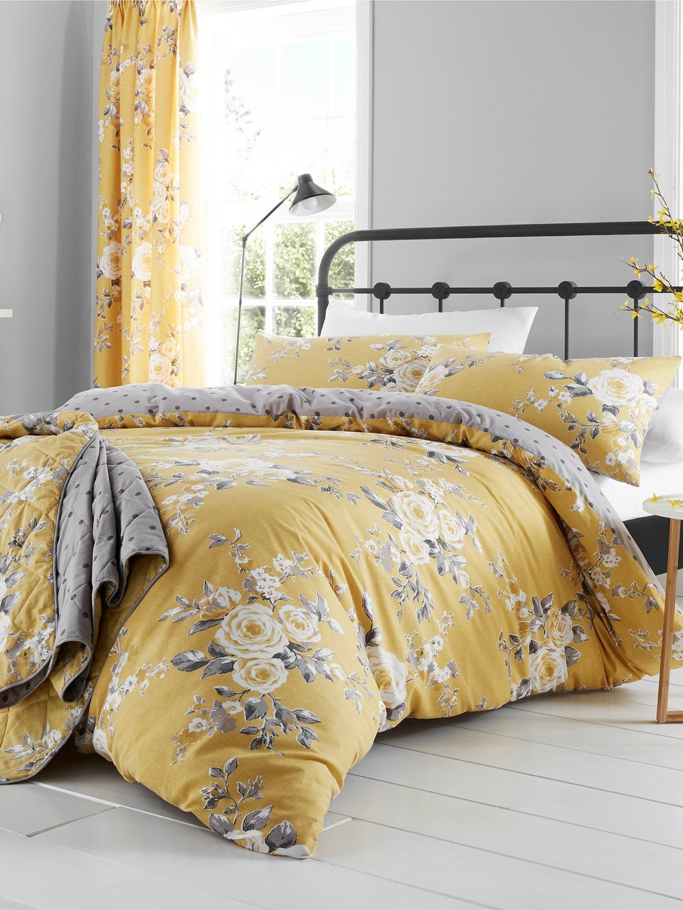 Catherine Lansfield Ochre Yellow Canterbury Floral Reversible Quilted Bedspread
