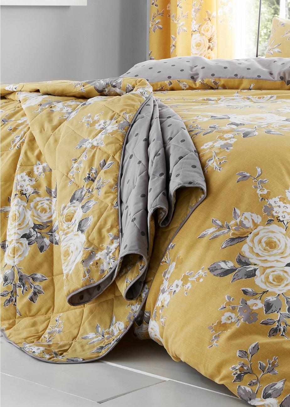 Catherine Lansfield Ochre Yellow Canterbury Floral Reversible Quilted Bedspread