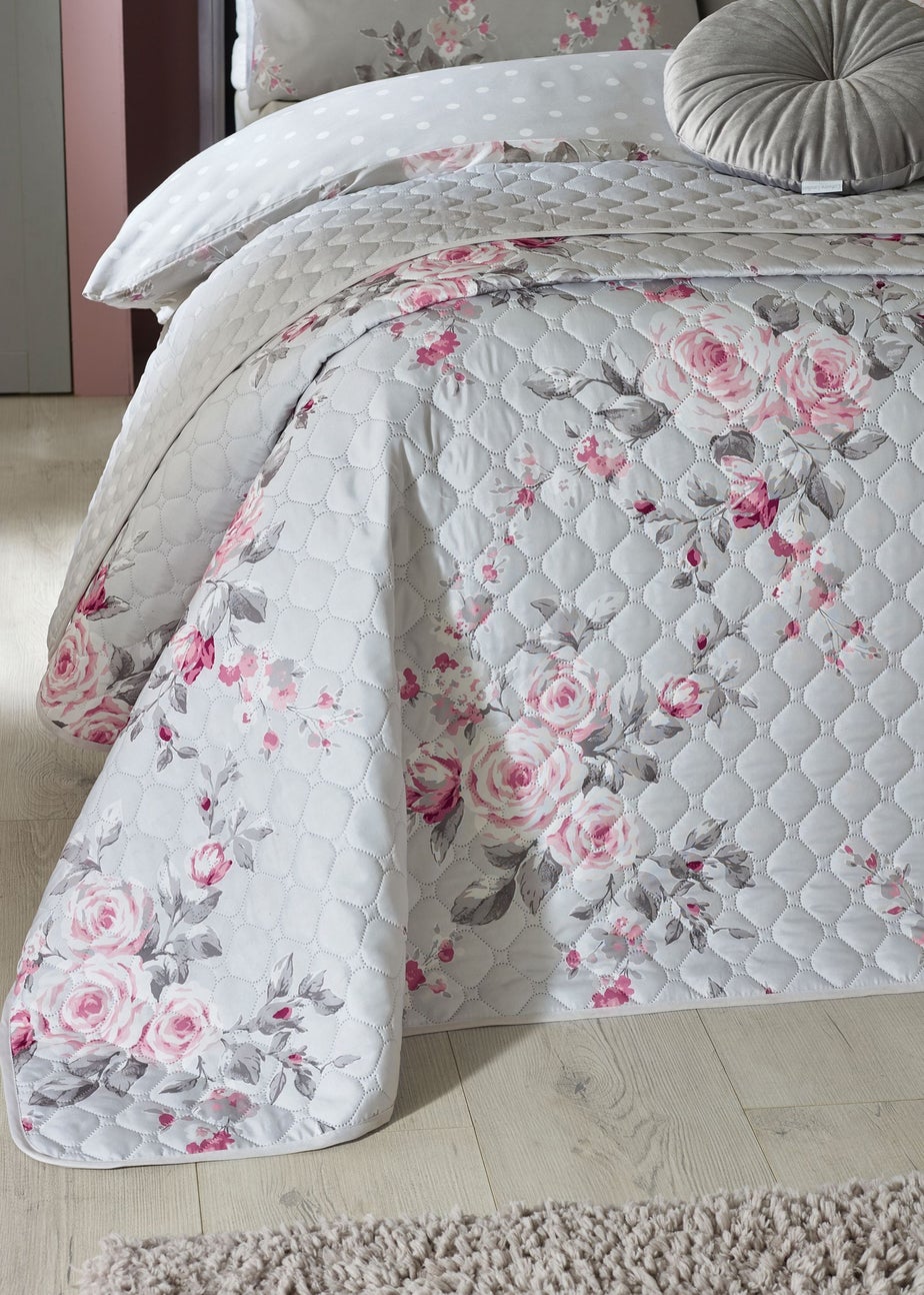 Catherine Lansfield Grey Canterbury Floral Reversible Quilted Bedspread
