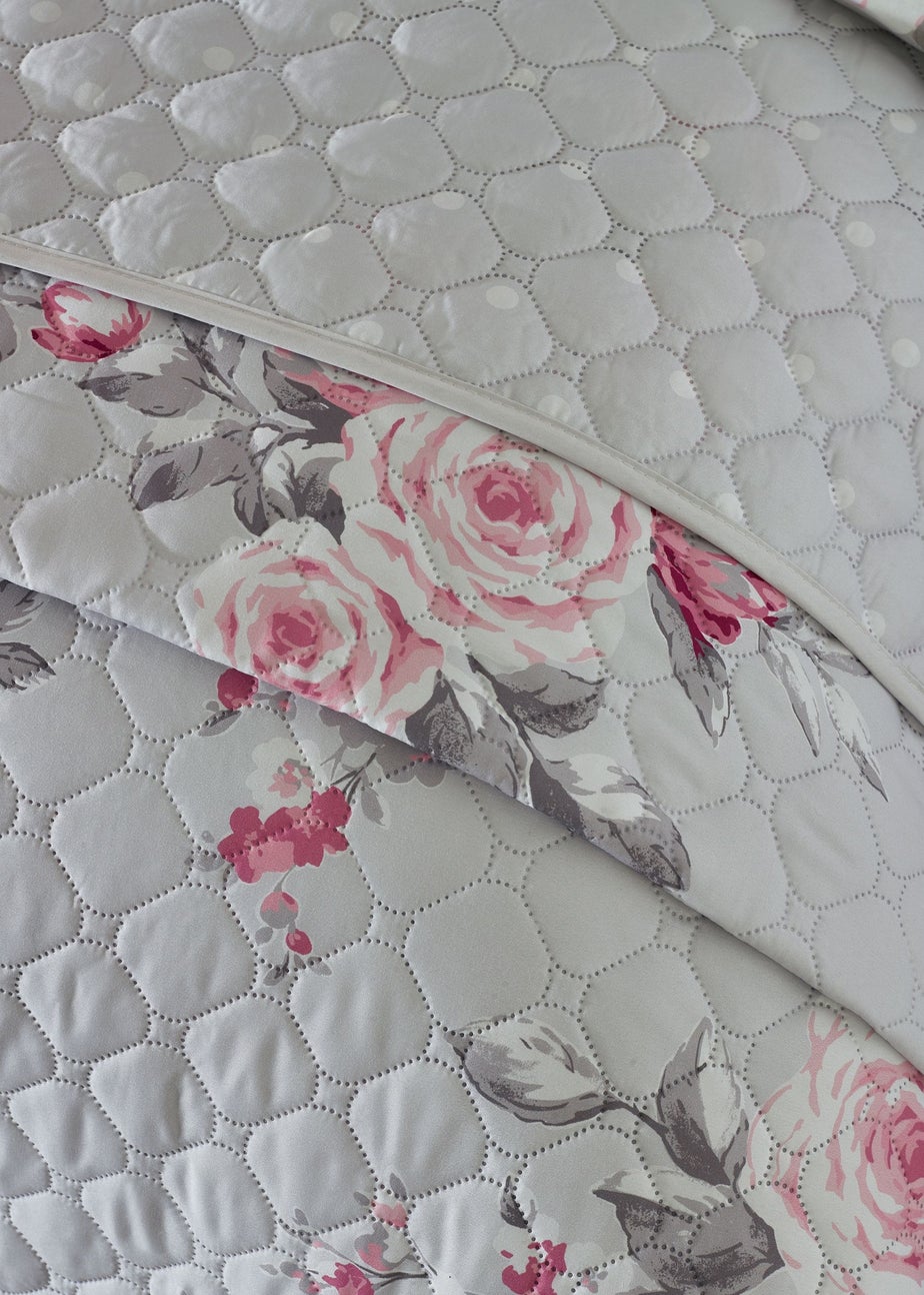 Catherine Lansfield Grey Canterbury Floral Reversible Quilted Bedspread