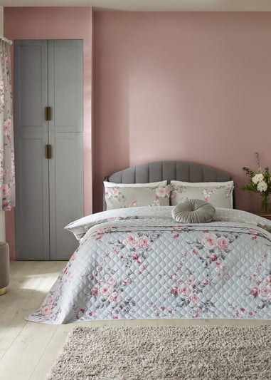 Catherine Lansfield Grey Canterbury Floral Reversible Quilted Bedspread