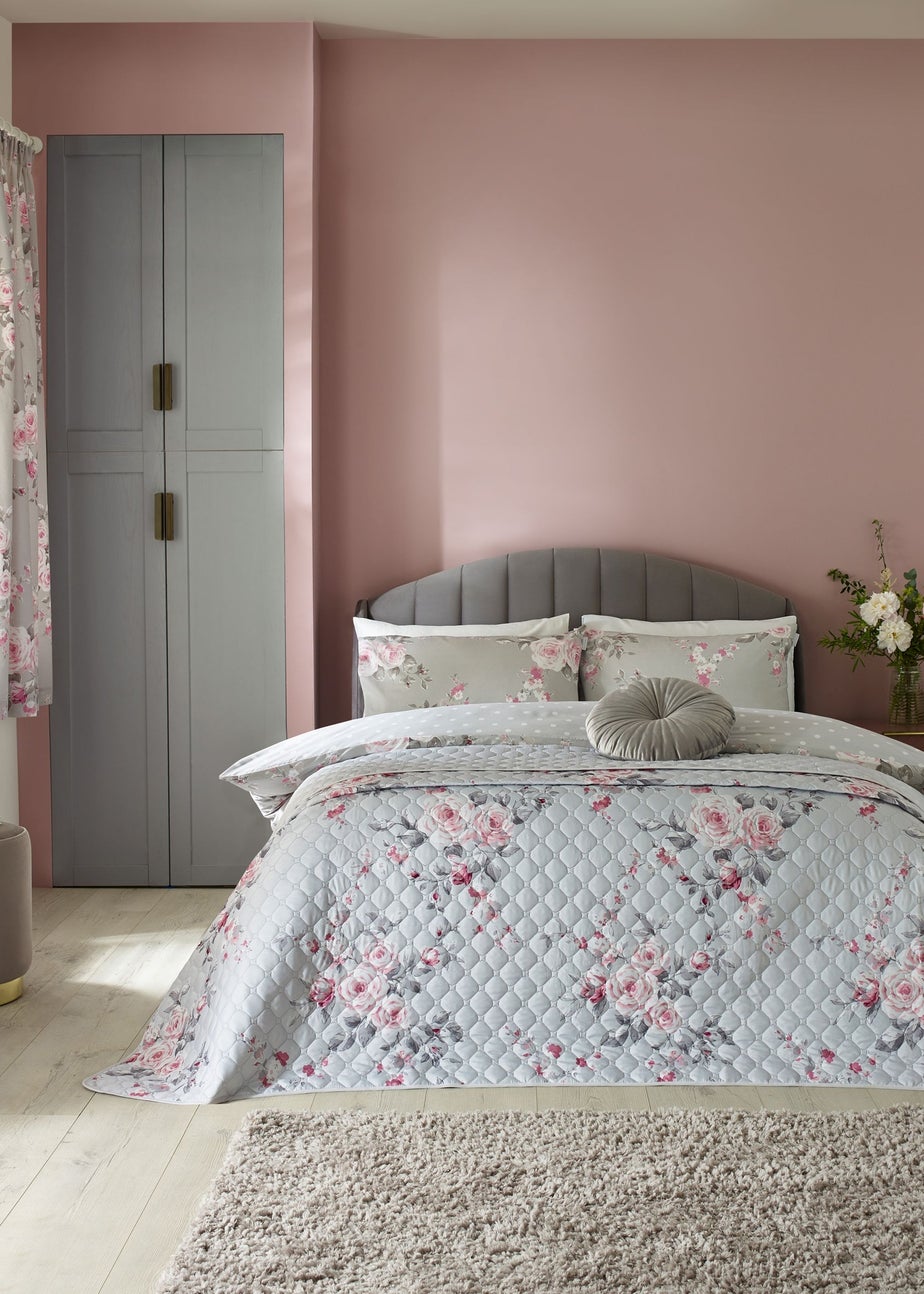 Catherine Lansfield Grey Canterbury Floral Reversible Quilted Bedspread