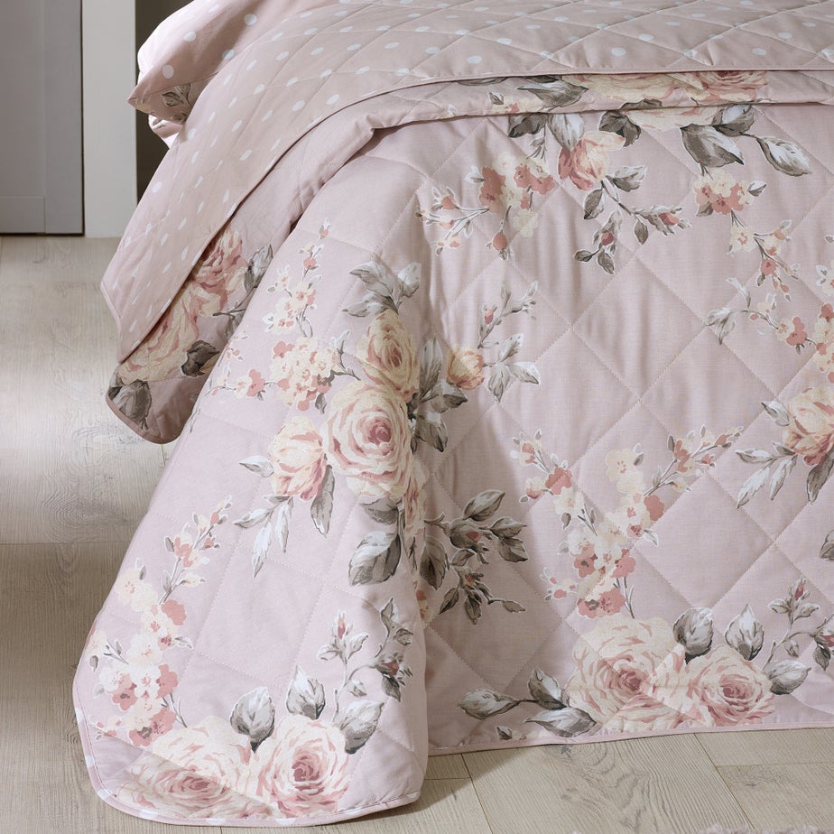 Catherine Lansfield Blush Pink Canterbury Floral Reversible Quilted Bedspread