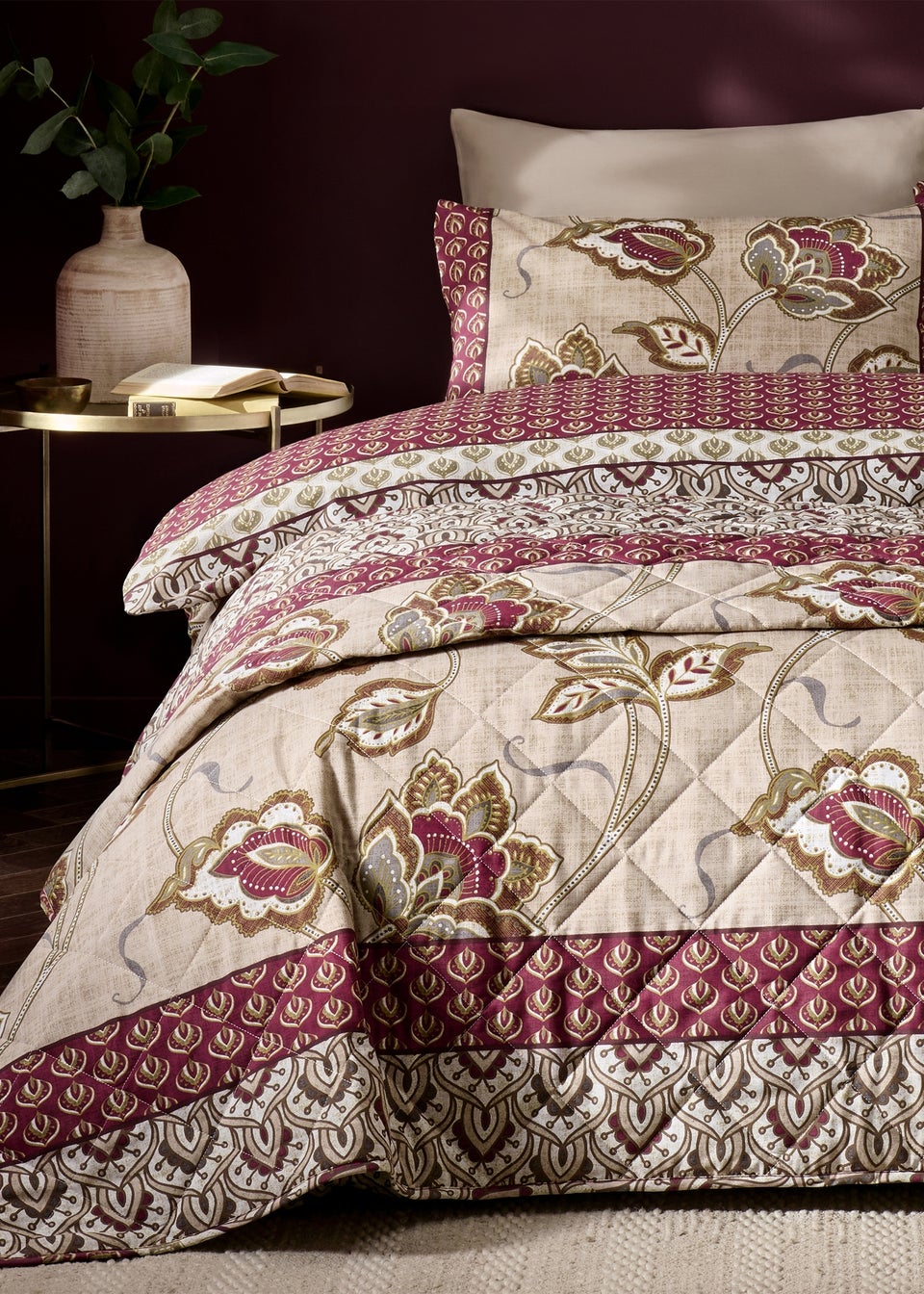 Catherine Lansfield Natural Kashmir Paisley Floral Reversible Quilted Bedspread