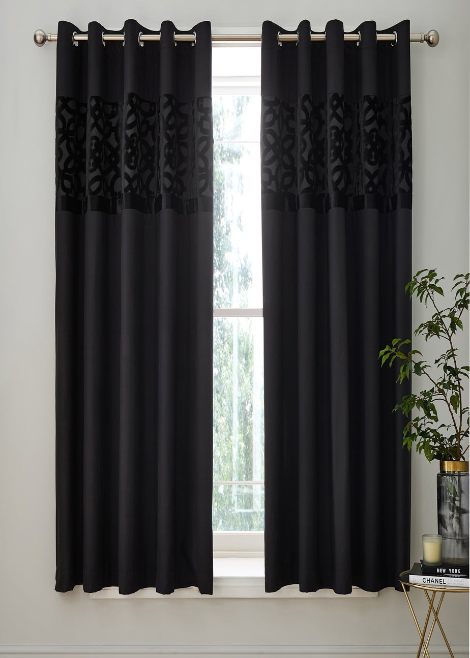 Catherine Lansfield Black Lattice Cut Velvet Lined Eyelet Curtains Two Panels