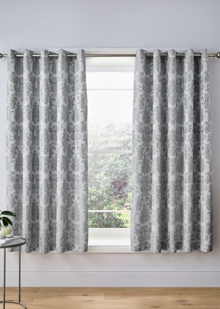 Catherine Lansfield Damask Jacquard Lined Eyelet Curtains Silver Grey