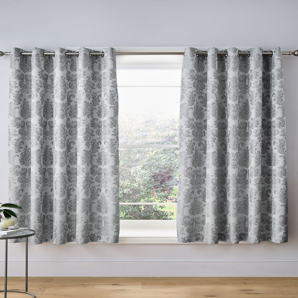 Catherine Lansfield Damask Jacquard Lined Eyelet Curtains Silver Grey