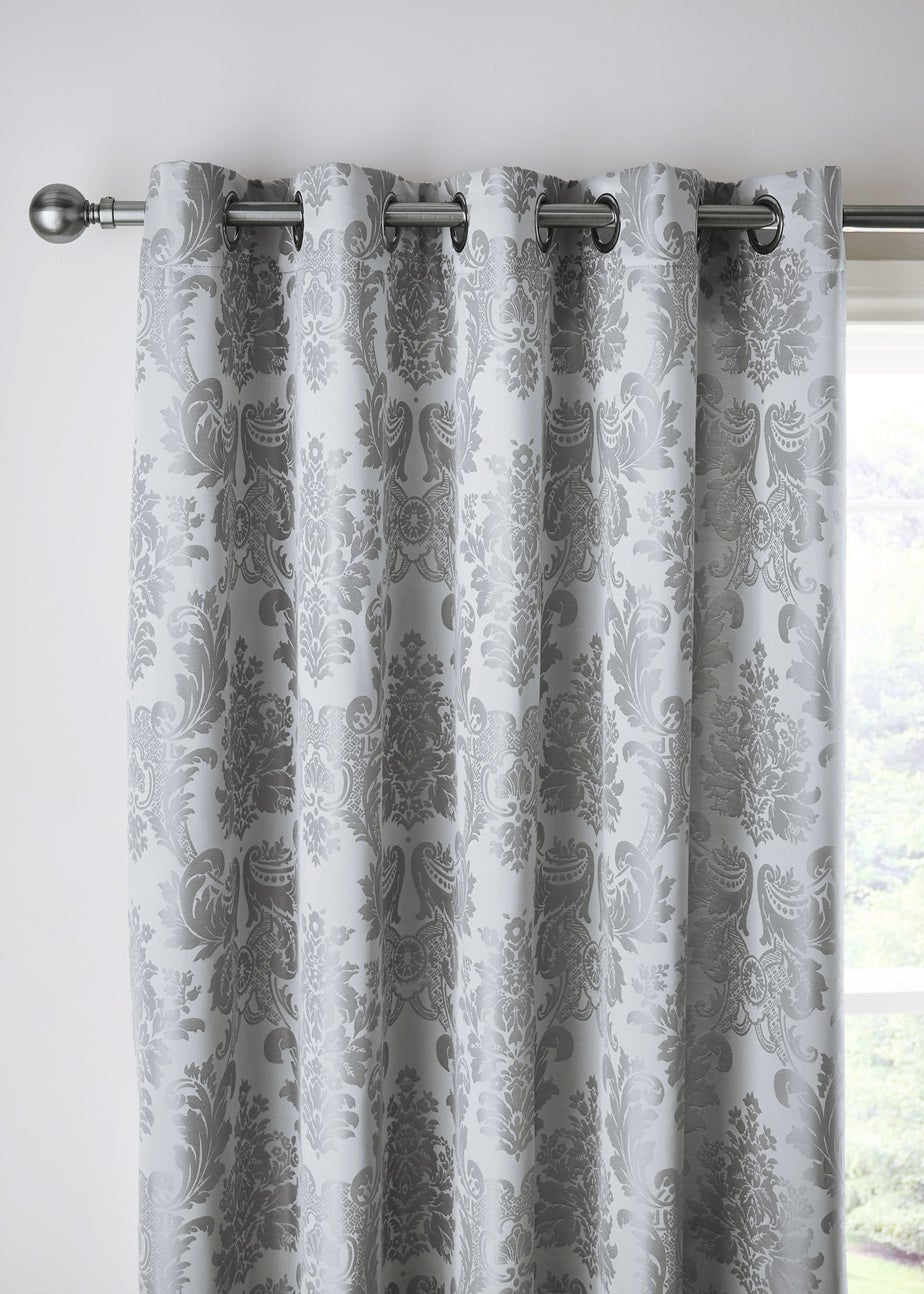 Catherine Lansfield Damask Jacquard Lined Eyelet Curtains Silver Grey