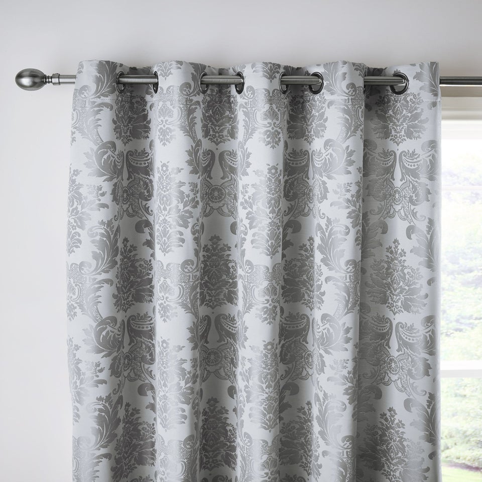 Catherine Lansfield Damask Jacquard Lined Eyelet Curtains Silver Grey