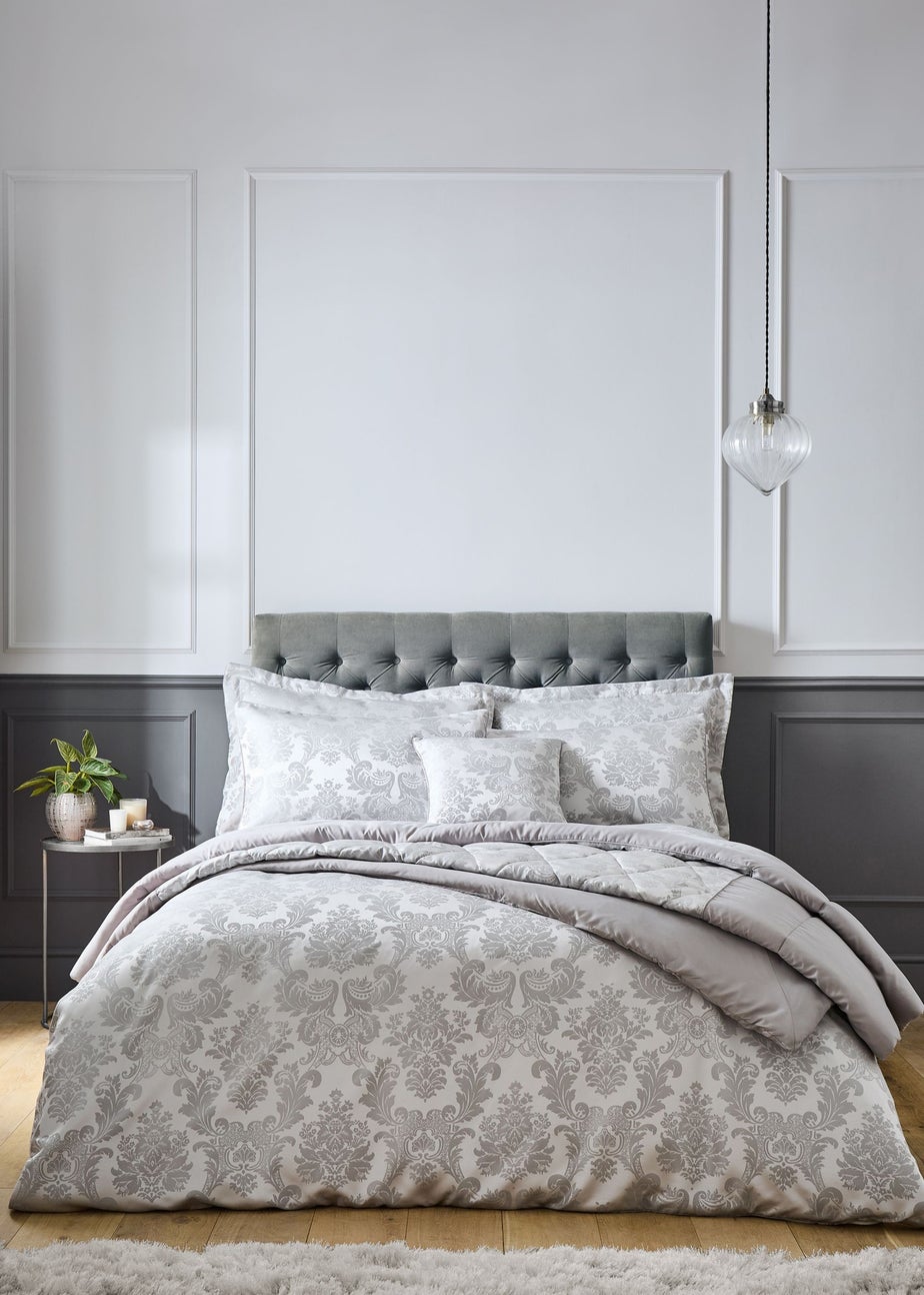 Catherine Lansfield Damask Jacquard Lined Eyelet Curtains Silver Grey
