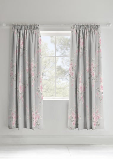 Catherine Lansfield Grey Canterbury Floral Lined Pencil Pleat Curtains Two Panels