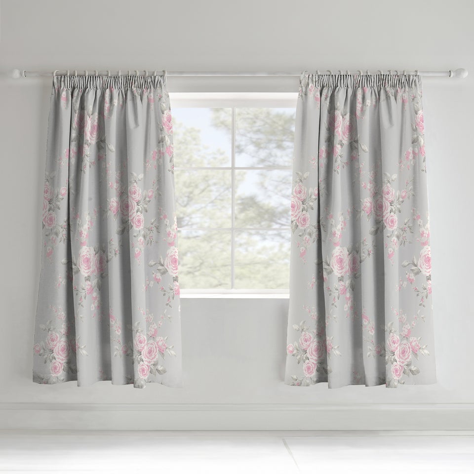 Catherine Lansfield Grey Canterbury Floral Lined Pencil Pleat Curtains Two Panels