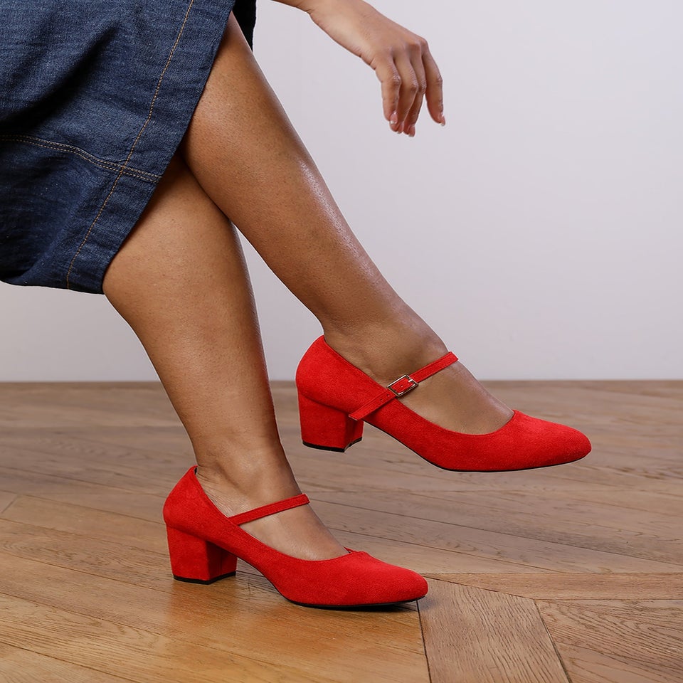 Where's That From Red Suede Effie Block Heel Pumps