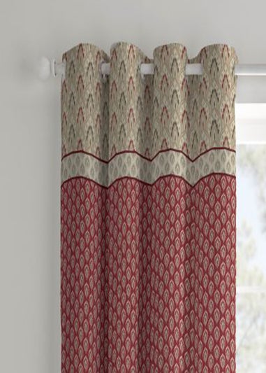 Catherine Lansfield Red Natural Kashmir Paisley Floral Lined Eyelet Curtains Two Panels