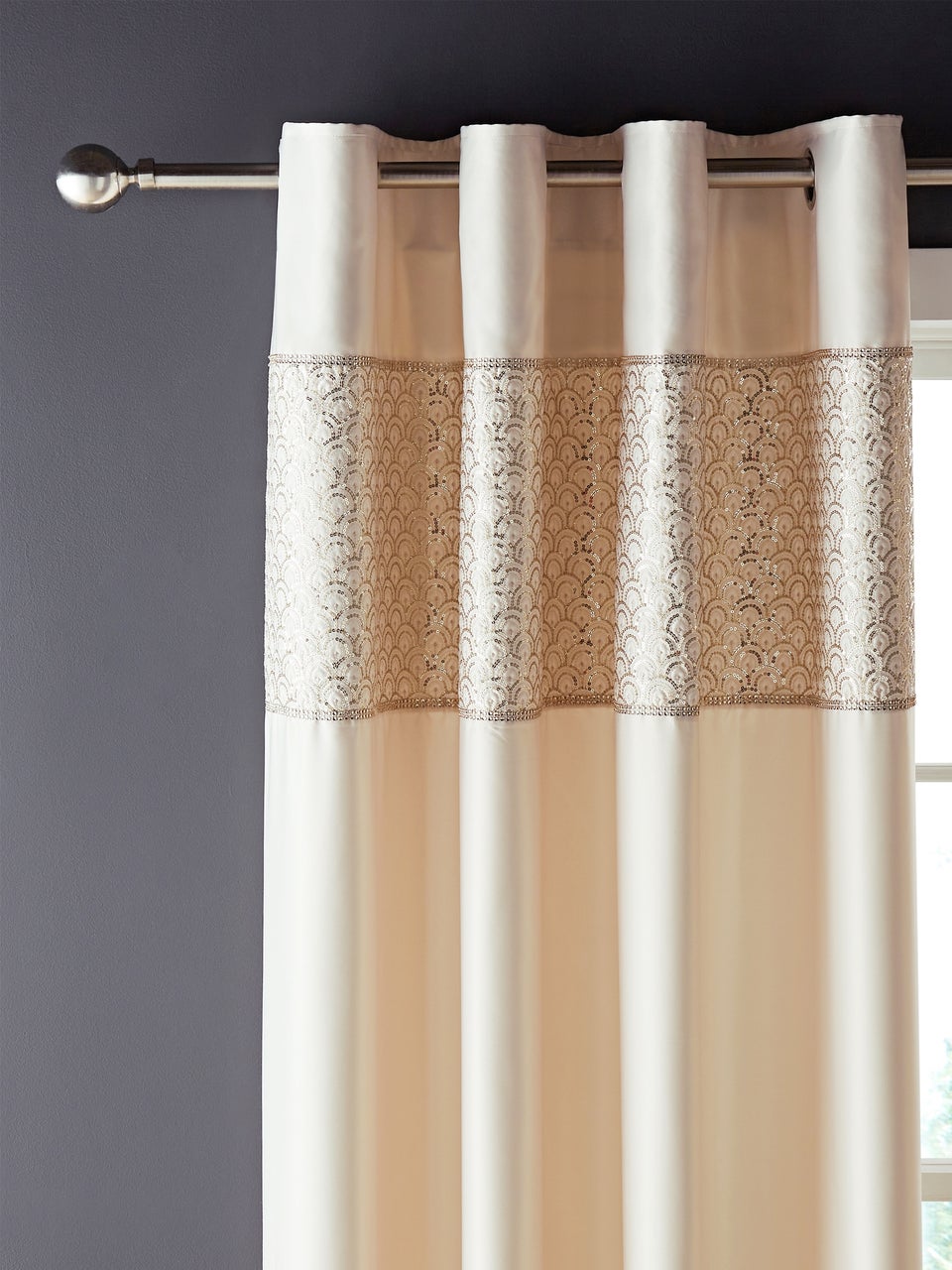 Catherine Lansfield Champagne Gold Deco Sequin Lined Eyelet Curtains Two Panels