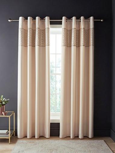 Catherine Lansfield Champagne Gold Deco Sequin Lined Eyelet Curtains Two Panels