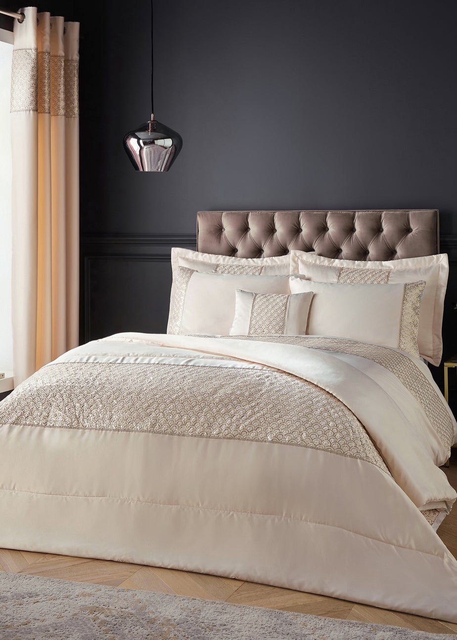 Catherine Lansfield Champagne Gold Deco Sequin Lined Eyelet Curtains Two Panels