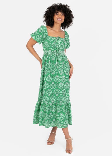 Lovedrobe Green Broderie Tie Neck Midaxi Dress