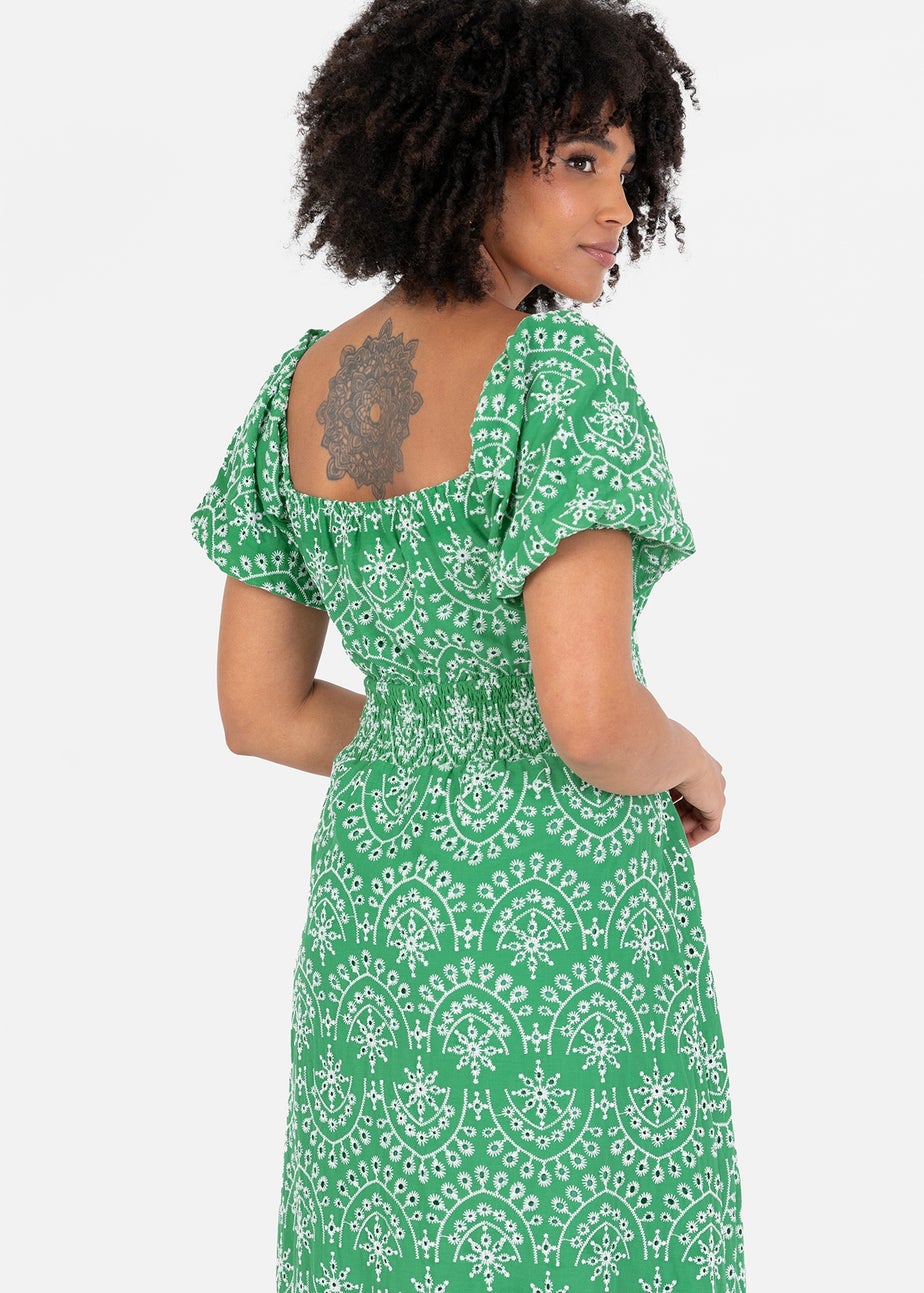Lovedrobe Green Broderie Tie Neck Midaxi Dress