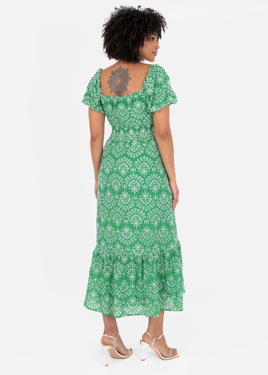 Lovedrobe Green Broderie Tie Neck Midaxi Dress
