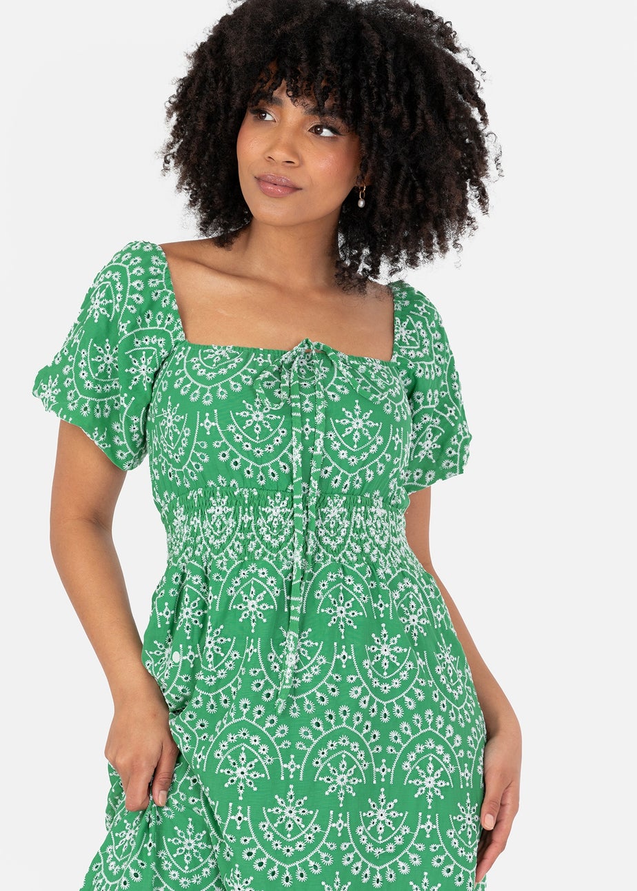 Lovedrobe Green Broderie Tie Neck Midaxi Dress