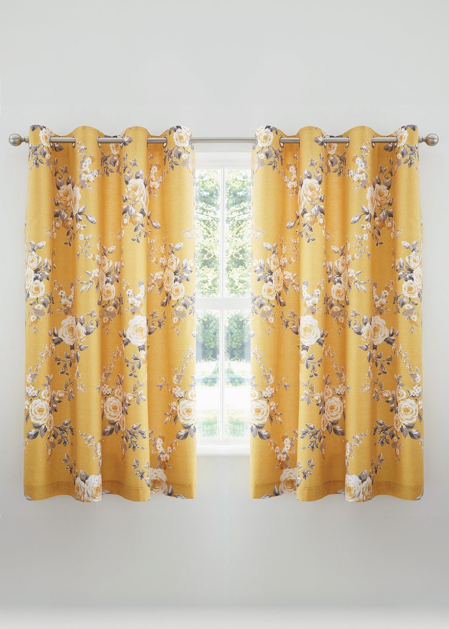 Catherine Lansfield Ochre Yellow Canterbury Floral Lined Eyelet Curtains Two Panels
