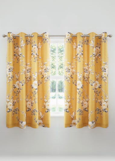 Catherine Lansfield Ochre Yellow Canterbury Floral Lined Eyelet Curtains Two Panels