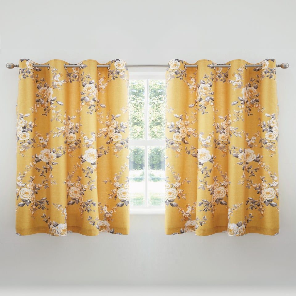 Catherine Lansfield Ochre Yellow Canterbury Floral Lined Eyelet Curtains Two Panels
