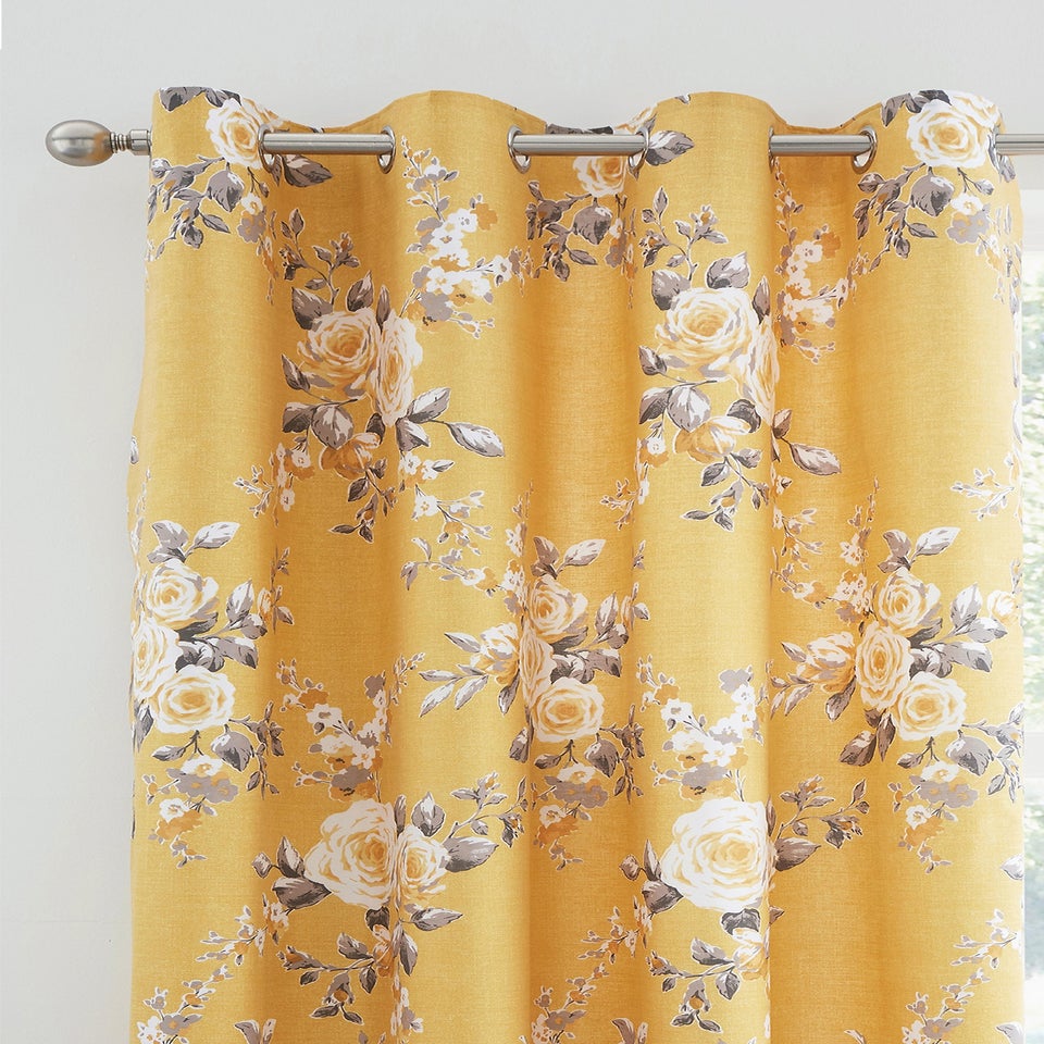 Catherine Lansfield Ochre Yellow Canterbury Floral Lined Eyelet Curtains Two Panels