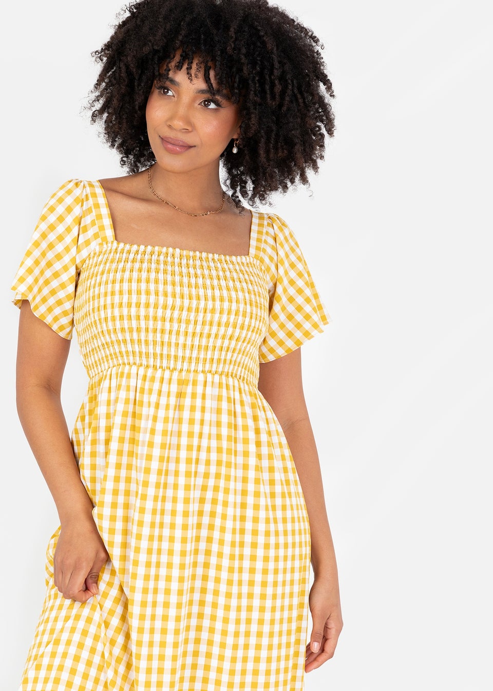 Lovedrobe Yellow Gingham Square Neck Midaxi Dress