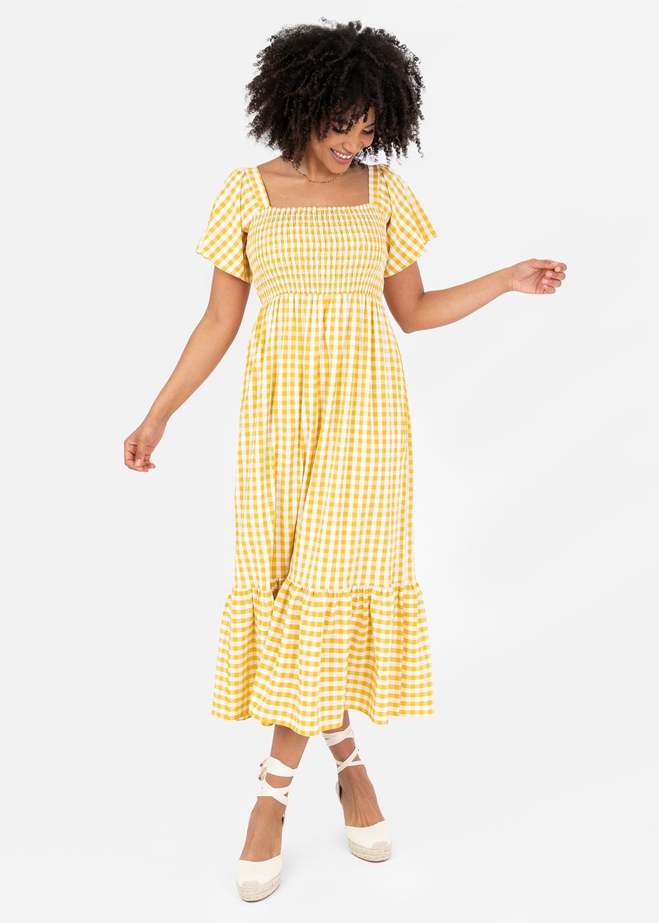 Lovedrobe Yellow Gingham Square Neck Midaxi Dress