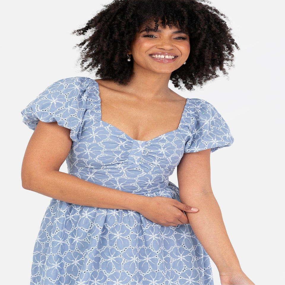 Lovedrobe Blue Short Puff Sleeve Midi Dress With Bow Detail