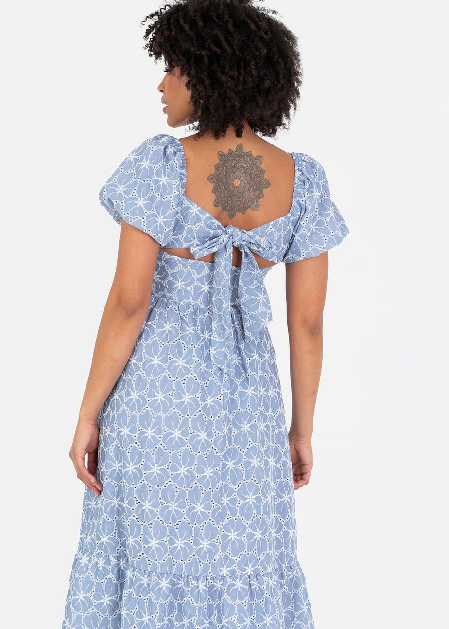 Lovedrobe Blue Short Puff Sleeve Midi Dress With Bow Detail
