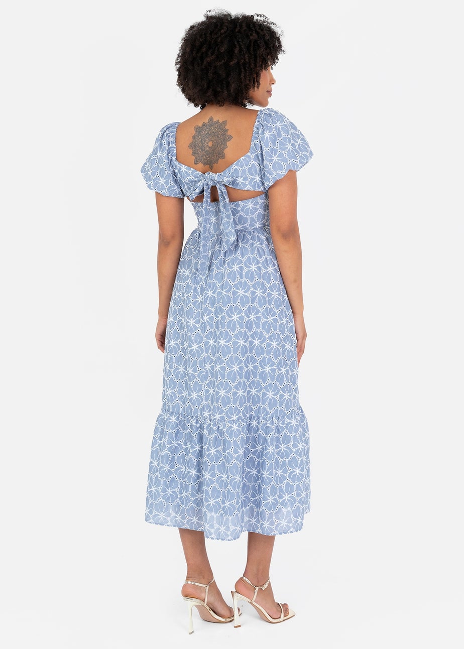 Lovedrobe Blue Short Puff Sleeve Midi Dress With Bow Detail